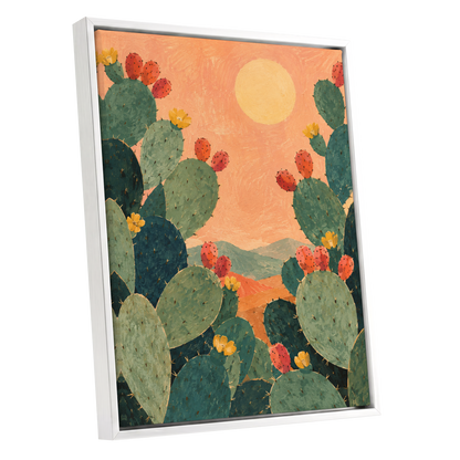 Prickly Pear Sun, green, orange, yellow nature wall art shown as a white framed canvas wall art