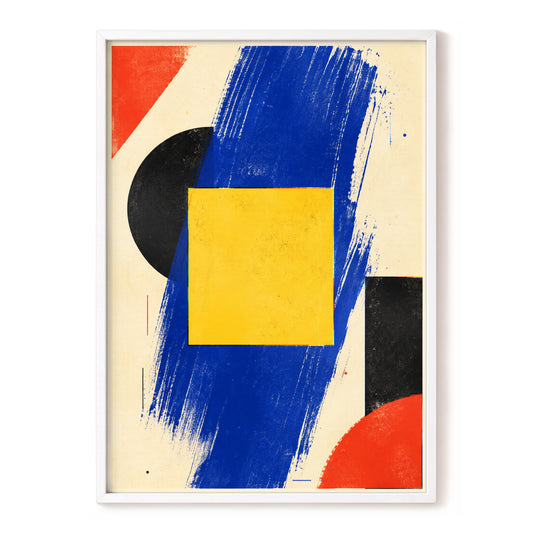 Primary Rhythm, blue, yellow, beige abstract wall art, front artwork view