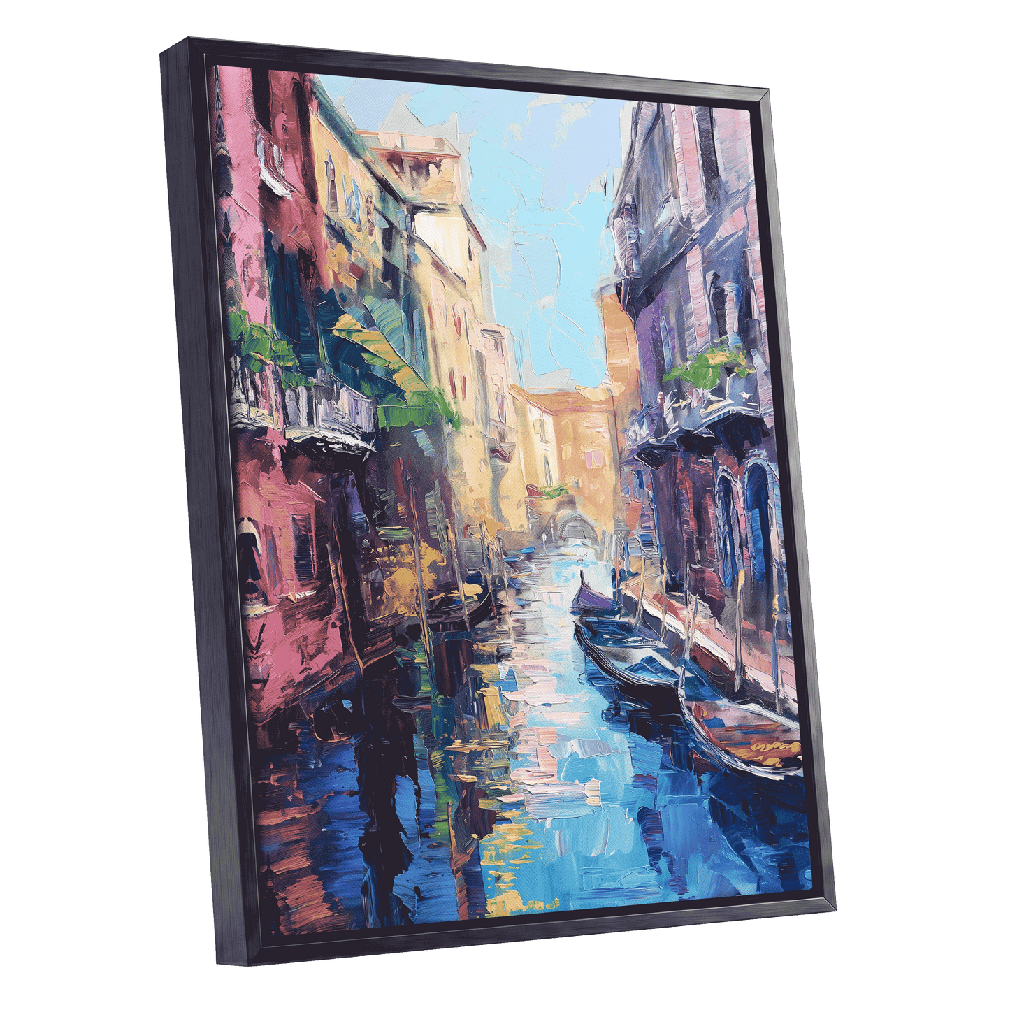 Prismatic Canal, blue, pink, purple abstract wall art shown as a black framed canvas wall art