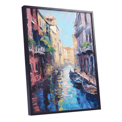 Prismatic Canal, blue, pink, purple abstract wall art shown as a black framed poster wall art print