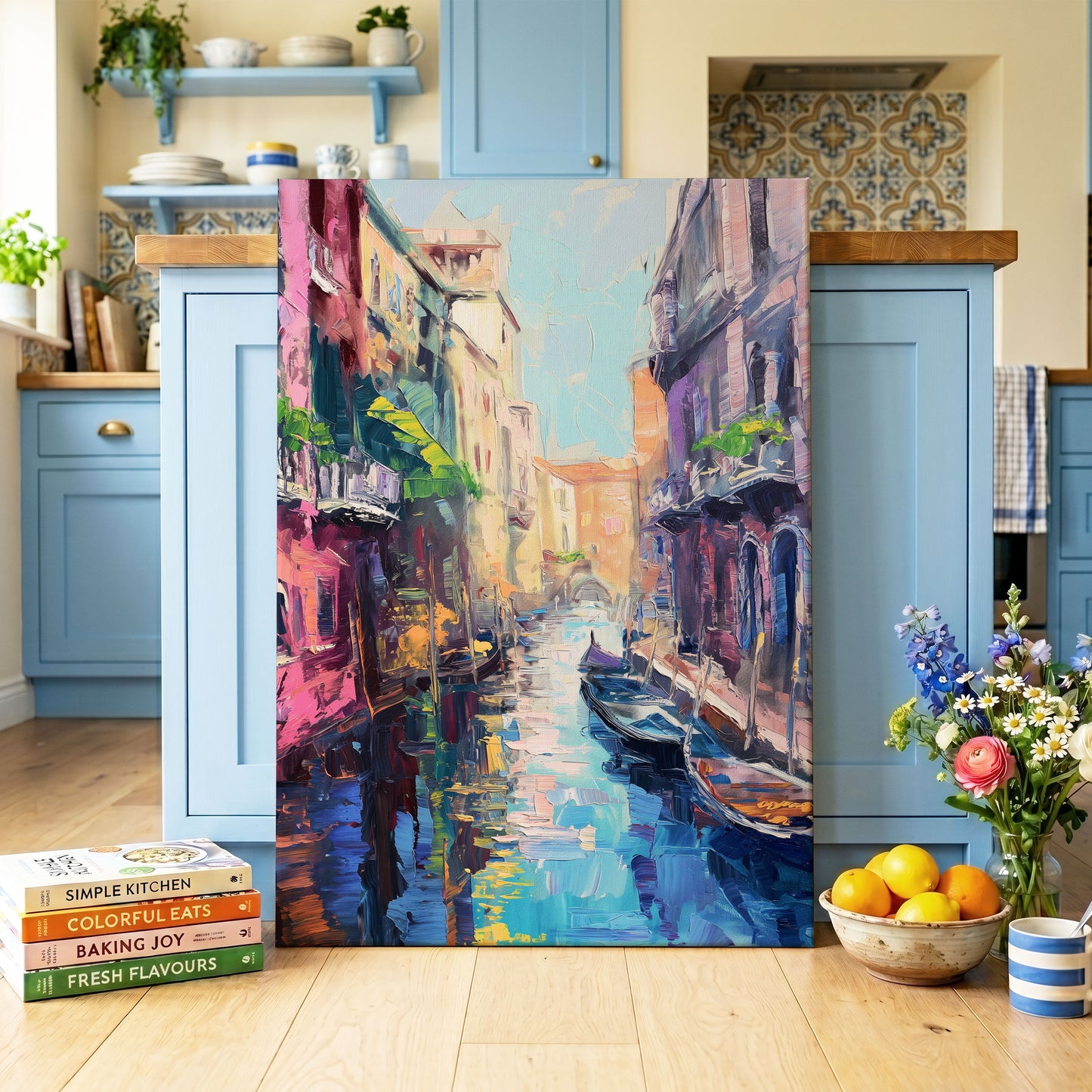 Prismatic Canal, blue, pink, purple abstract wall art on canvas displayed in a styled interior, gallery view 1