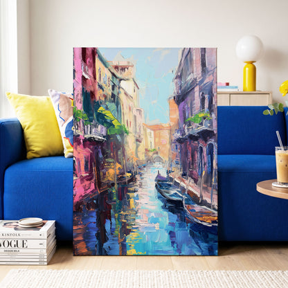 Prismatic Canal, blue, pink, purple abstract wall art on canvas displayed in a styled interior, gallery view 2