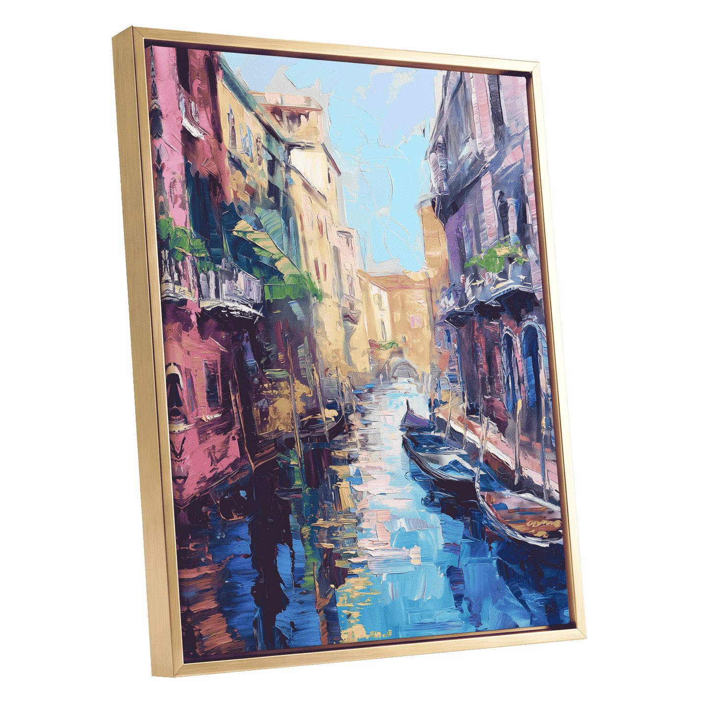 Prismatic Canal, blue, pink, purple abstract wall art shown as a gold framed canvas wall art