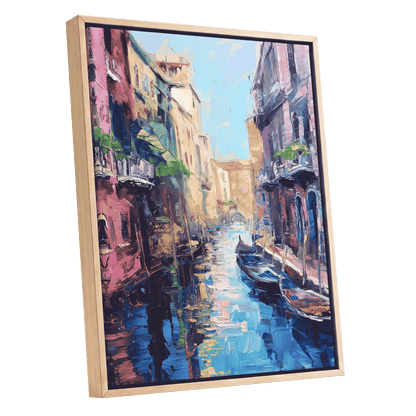 Prismatic Canal, blue, pink, purple abstract wall art shown as a oak framed canvas wall art