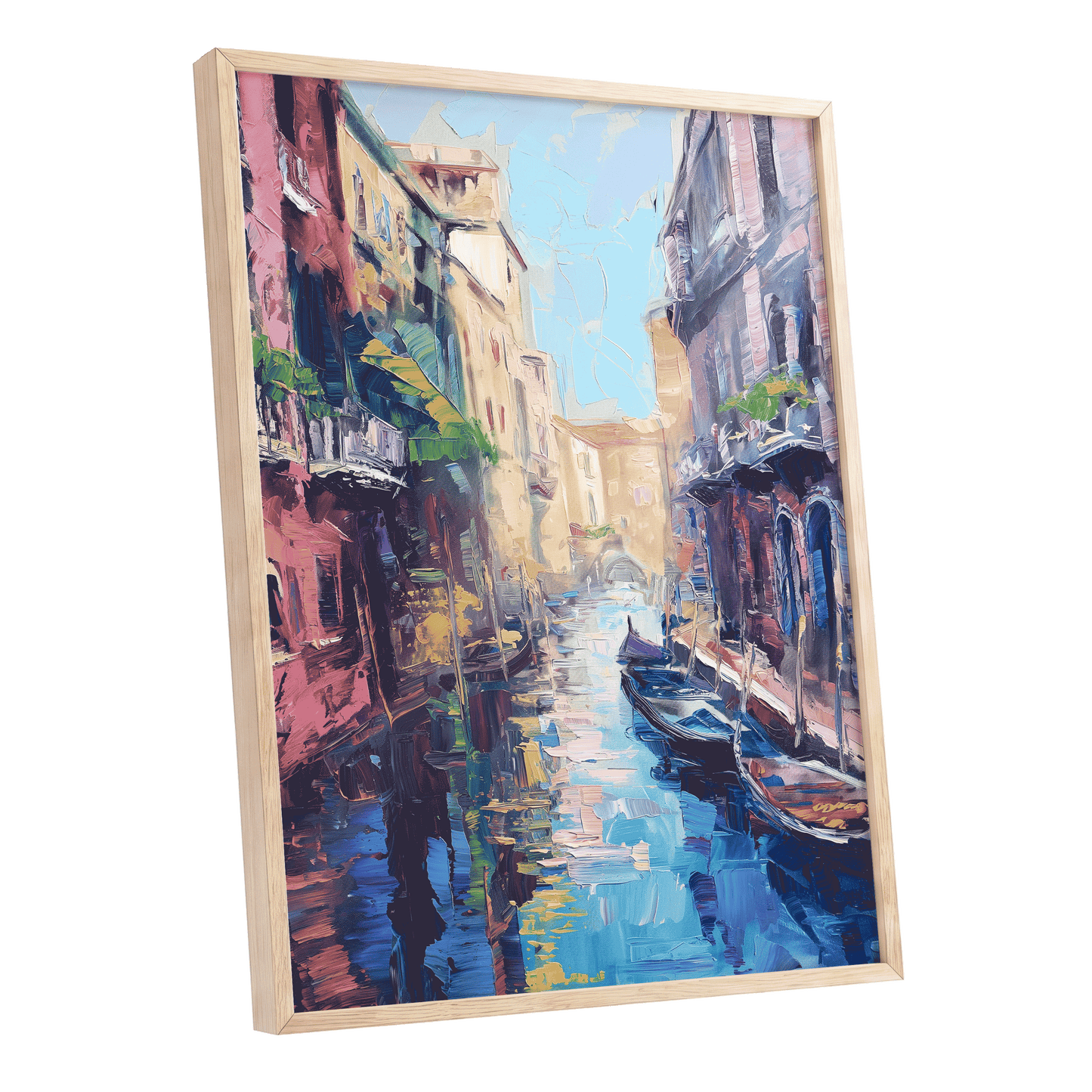 Prismatic Canal, blue, pink, purple abstract wall art shown as a oak framed poster wall art print