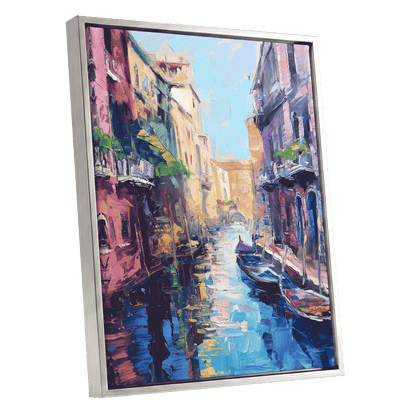 Prismatic Canal, blue, pink, purple abstract wall art shown as a silver framed canvas wall art