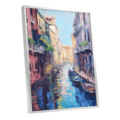 Prismatic Canal, blue, pink, purple abstract wall art shown as a silver framed poster wall art print