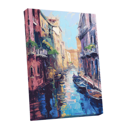Prismatic Canal, blue, pink, purple abstract wall art shown as a stretched canvas wall art