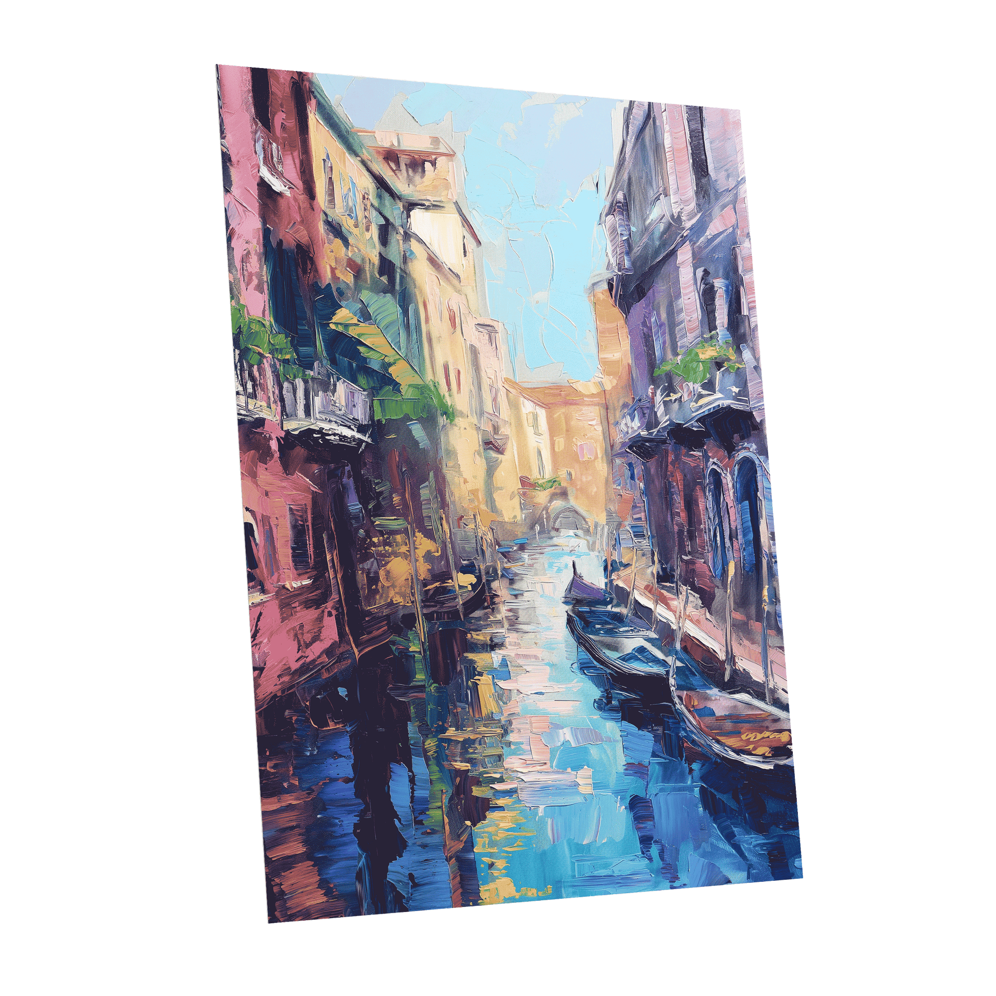 Prismatic Canal, blue, pink, purple abstract wall art shown as a unframed poster wall art print