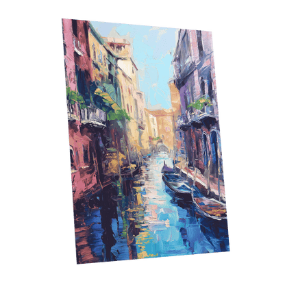 Prismatic Canal, blue, pink, purple abstract wall art shown as a unframed poster wall art print