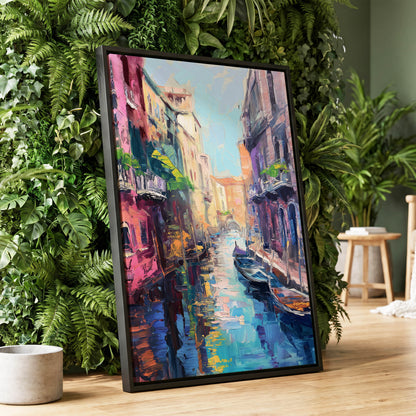 Prismatic Canal, blue, pink, purple abstract wall art displayed in a styled interior, gallery view 1