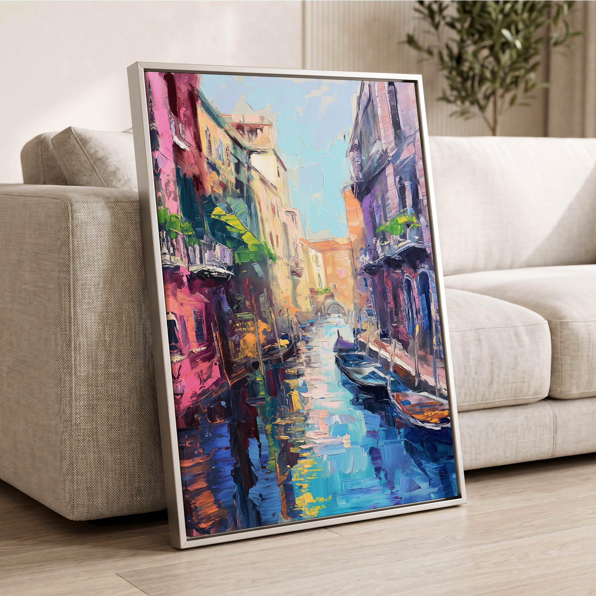 Prismatic Canal, blue, pink, purple abstract wall art displayed in a styled interior, gallery view 2