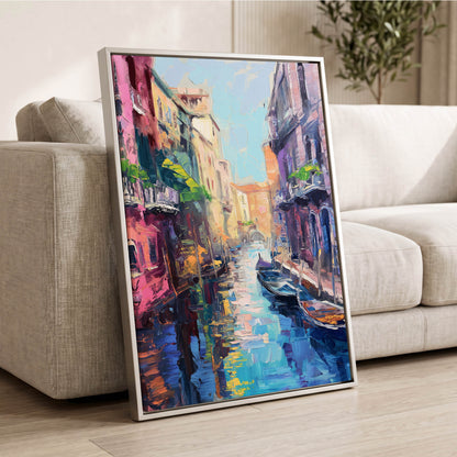 Prismatic Canal, blue, pink, purple abstract wall art displayed in a styled interior, gallery view 2