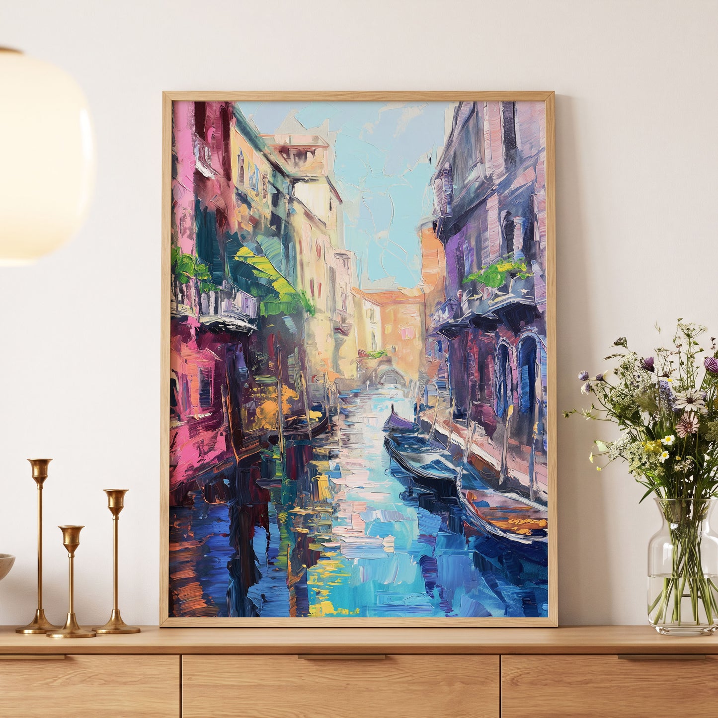 Prismatic Canal, blue, pink, purple abstract wall art displayed in a styled interior, gallery view 5