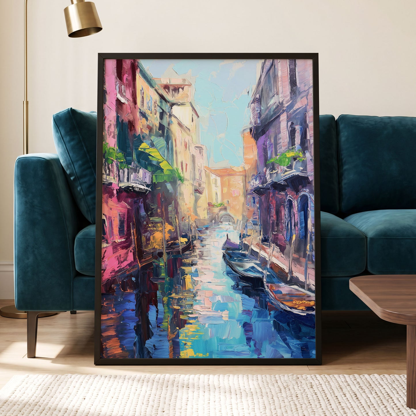 Prismatic Canal, blue, pink, purple abstract wall art displayed in a styled interior, gallery view 6
