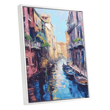 Prismatic Canal, blue, pink, purple abstract wall art shown as a white framed canvas wall art