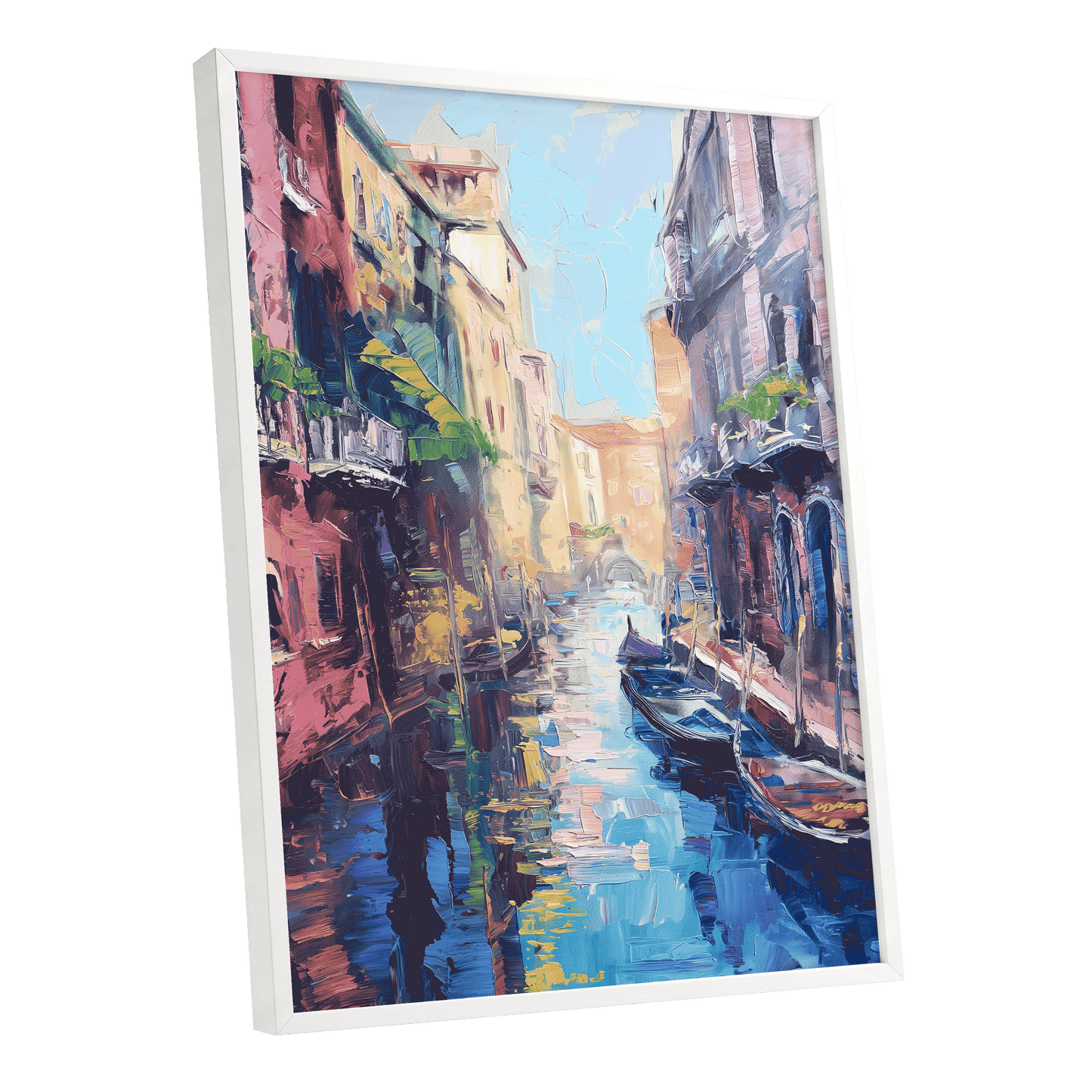 Prismatic Canal, blue, pink, purple abstract wall art shown as a white framed poster wall art print