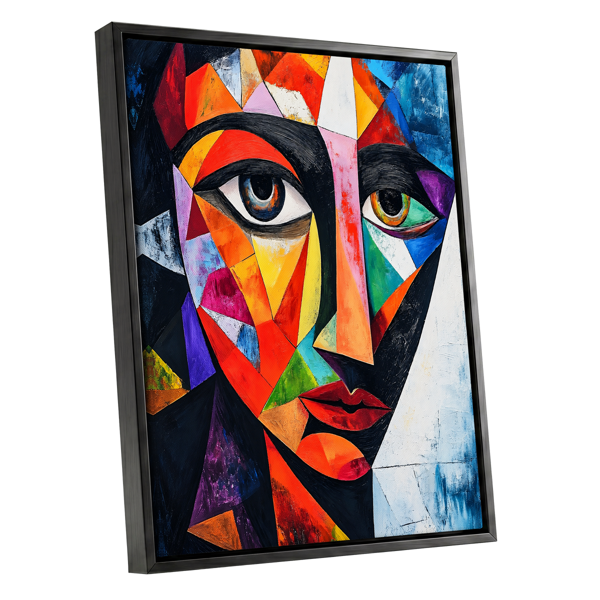 Prismatic Gaze, multicolor, black, blue abstract wall art shown as a black framed canvas wall art