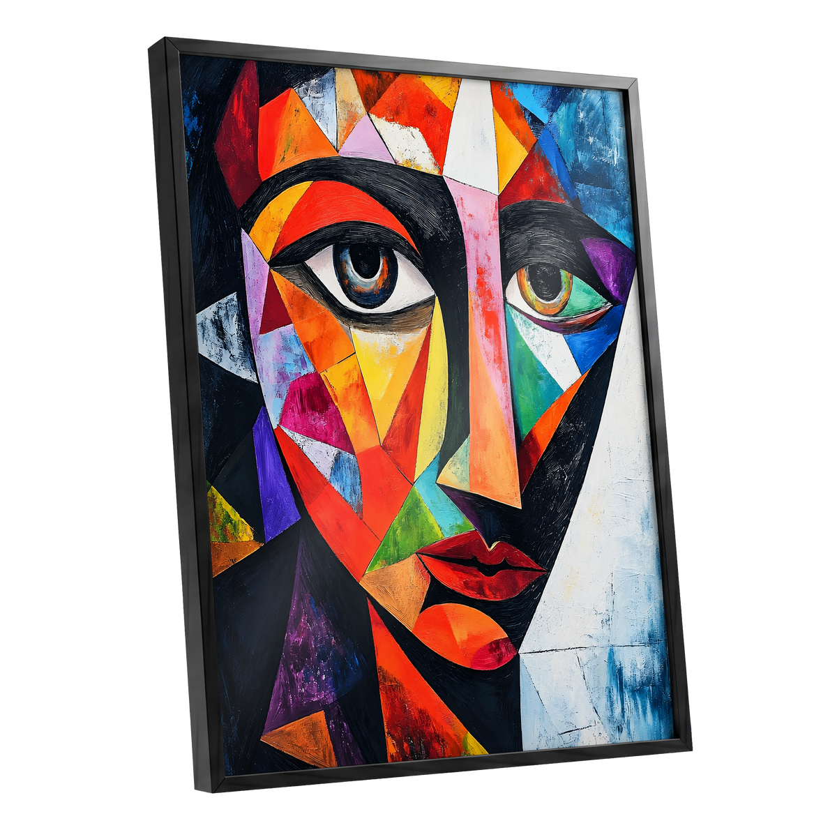 Prismatic Gaze, multicolor, black, blue abstract wall art shown as a black framed poster wall art print