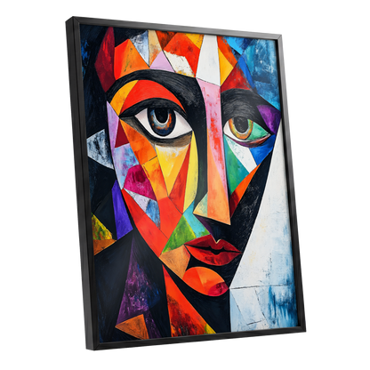 Prismatic Gaze, multicolor, black, blue abstract wall art shown as a black framed poster wall art print