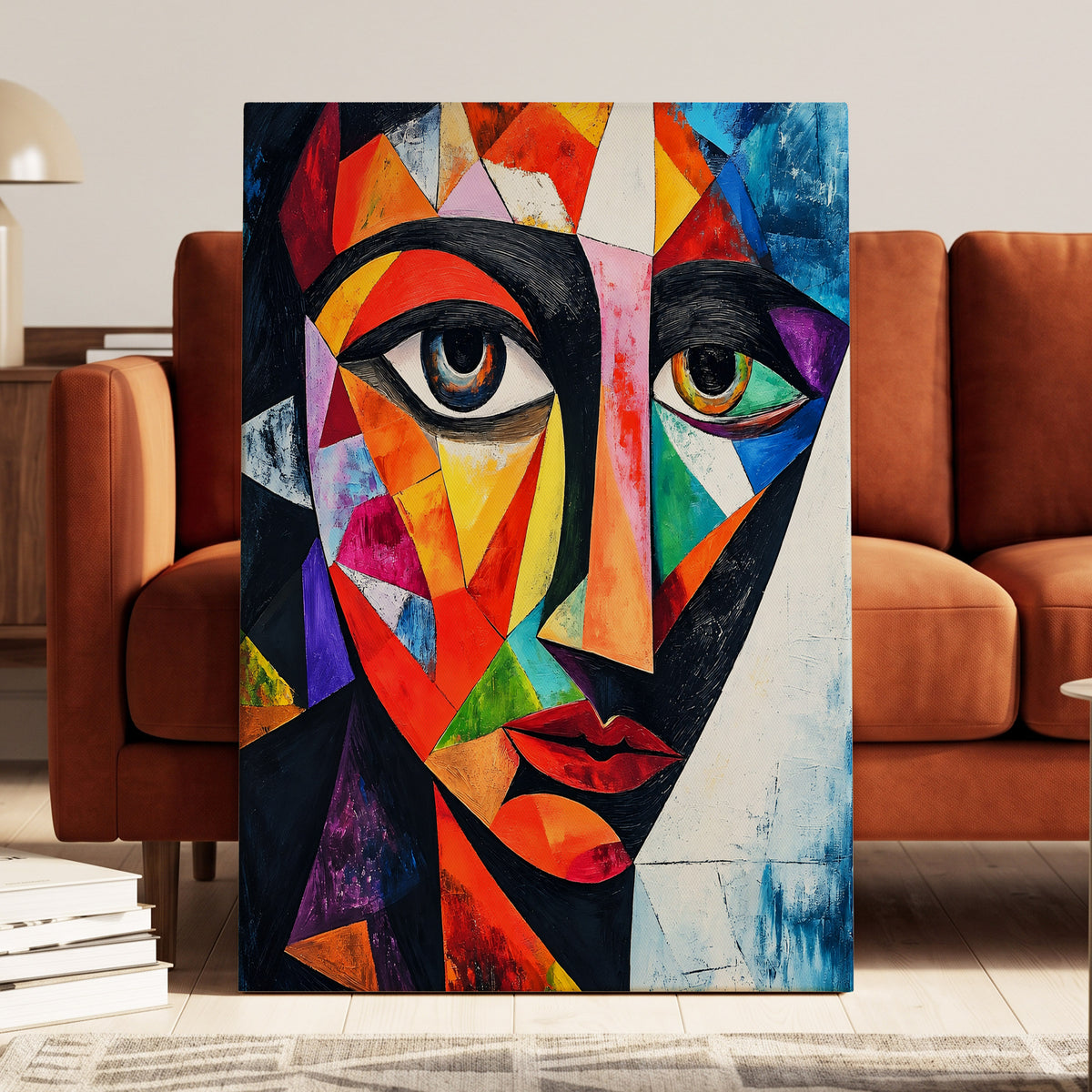 Prismatic Gaze, multicolor, black, blue abstract wall art on canvas displayed in a styled interior, gallery view 1