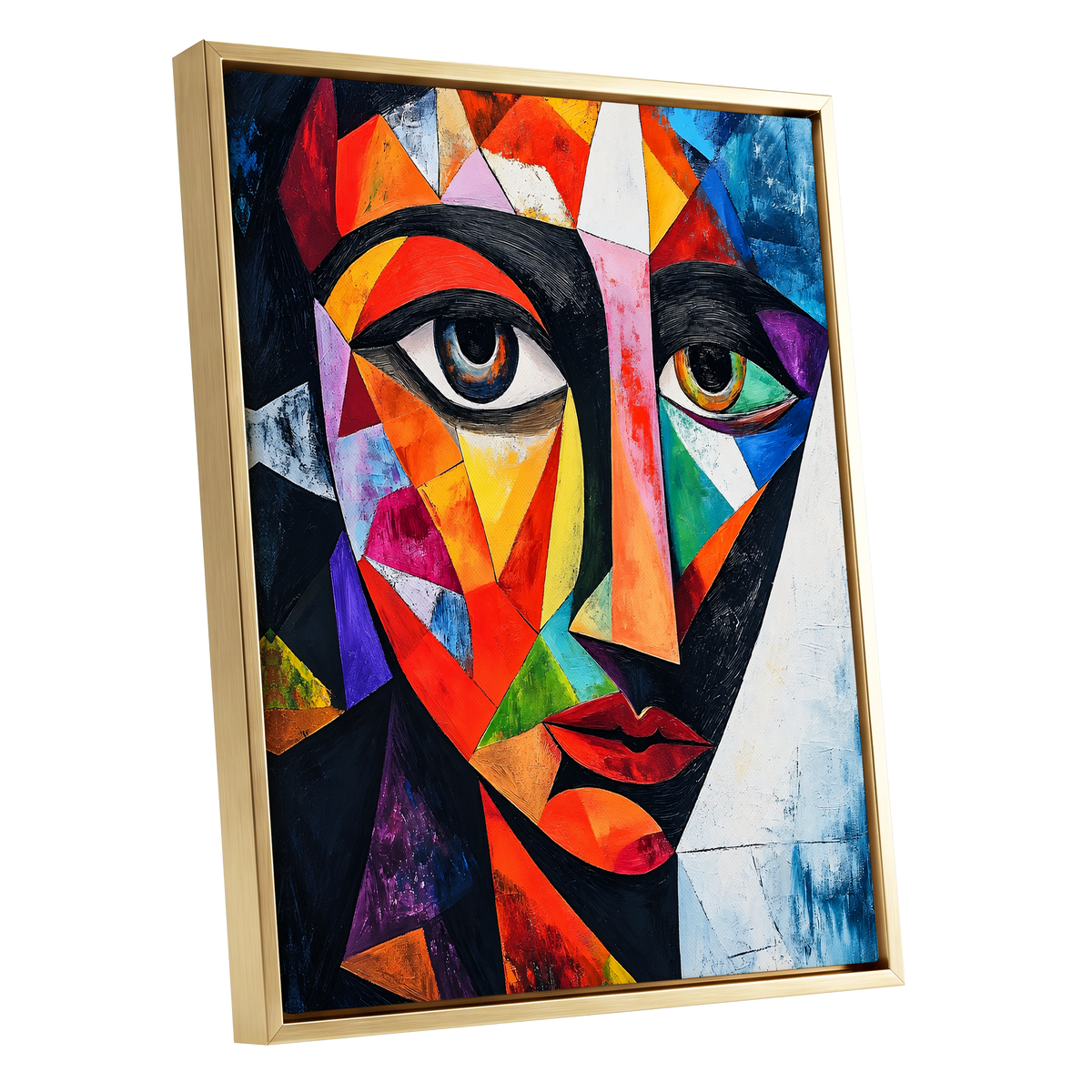 Prismatic Gaze, multicolor, black, blue abstract wall art shown as a gold framed canvas wall art