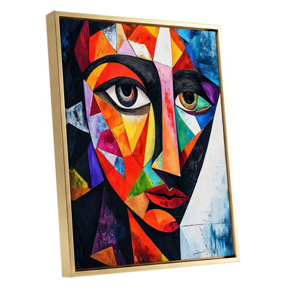 Prismatic Gaze, multicolor, black, blue abstract wall art shown as a gold framed canvas wall art