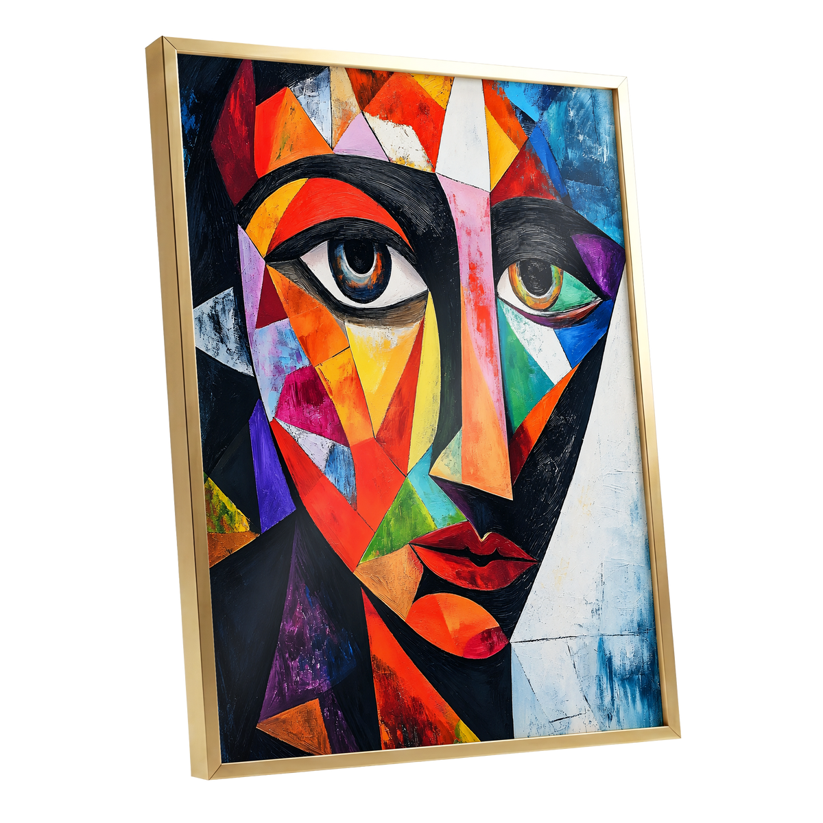 Prismatic Gaze, multicolor, black, blue abstract wall art shown as a gold framed poster wall art print