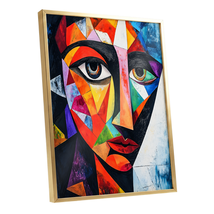 Prismatic Gaze, multicolor, black, blue abstract wall art shown as a gold framed poster wall art print