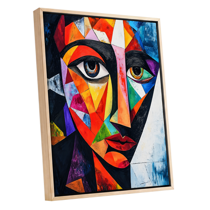 Prismatic Gaze, multicolor, black, blue abstract wall art shown as a oak framed canvas wall art