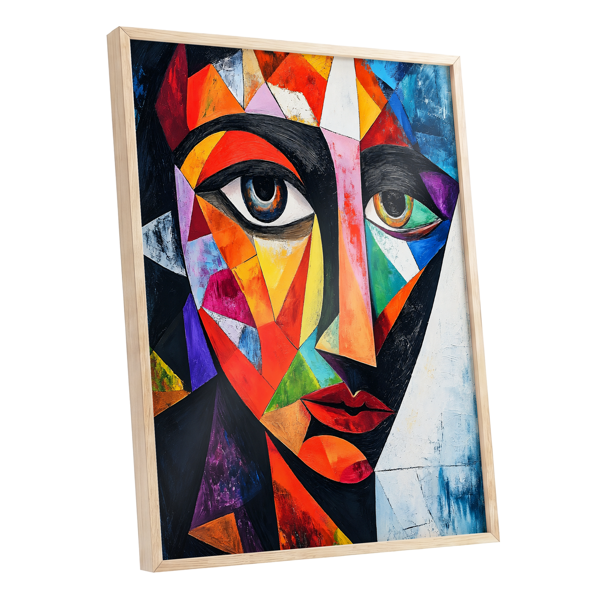 Prismatic Gaze, multicolor, black, blue abstract wall art shown as a oak framed poster wall art print