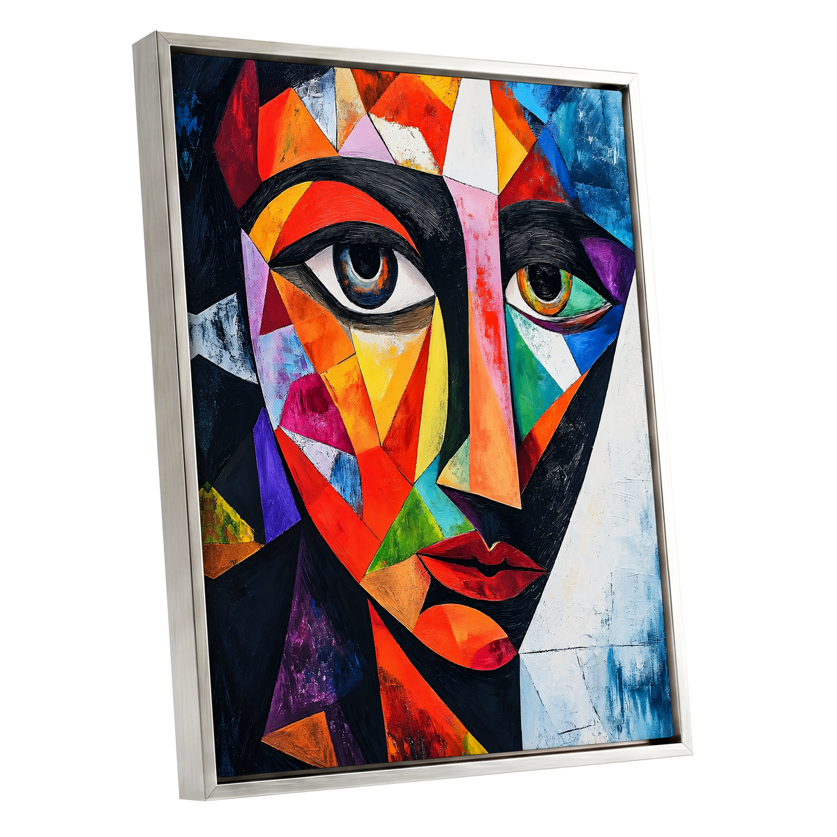 Prismatic Gaze, multicolor, black, blue abstract wall art shown as a silver framed canvas wall art
