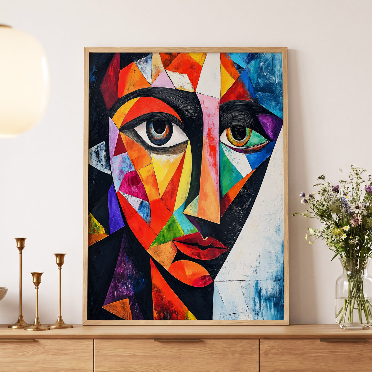 Prismatic Gaze, multicolor, black, blue abstract wall art displayed in a styled interior, gallery view 4