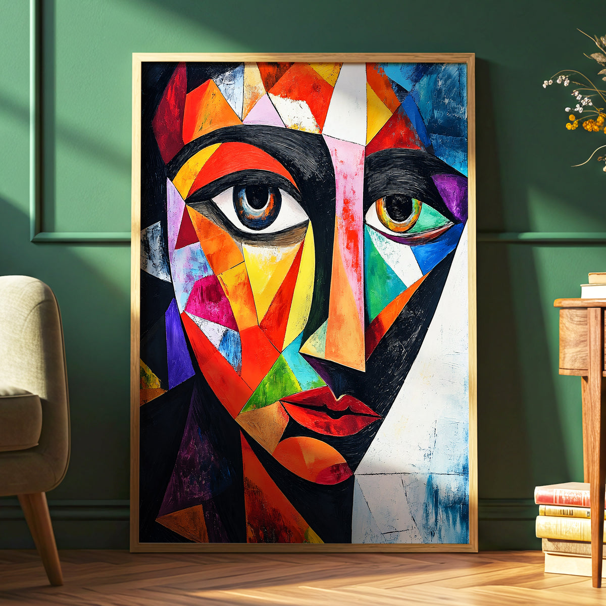 Prismatic Gaze, multicolor, black, blue abstract wall art displayed in a styled interior, gallery view 6