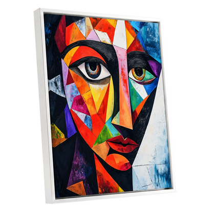 Prismatic Gaze, multicolor, black, blue abstract wall art shown as a white framed canvas wall art