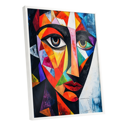 Prismatic Gaze, multicolor, black, blue abstract wall art shown as a white framed poster wall art print
