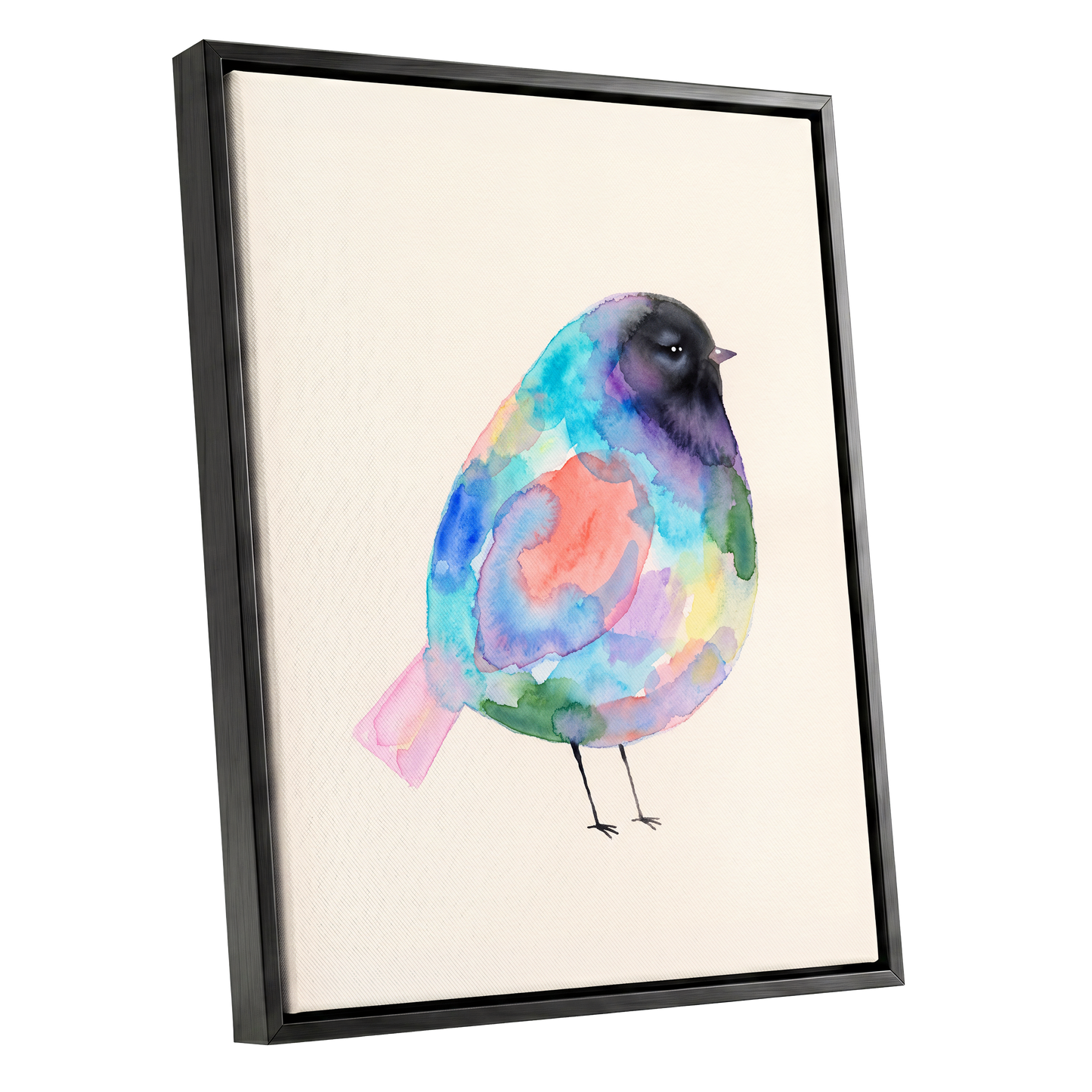 Prismatic Songbird, multicolor, black, green nature wall art shown as a black framed canvas wall art