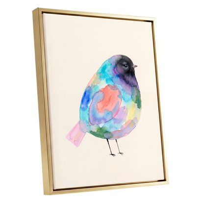 Prismatic Songbird, multicolor, black, green nature wall art shown as a gold framed canvas wall art