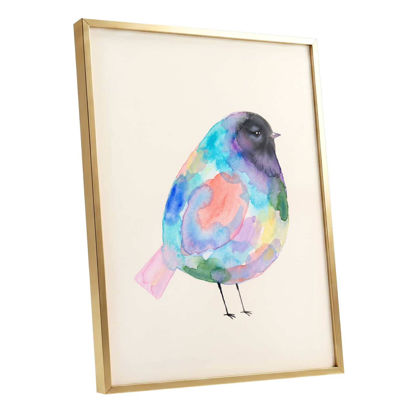 Prismatic Songbird, multicolor, black, green nature wall art shown as a gold framed poster wall art print