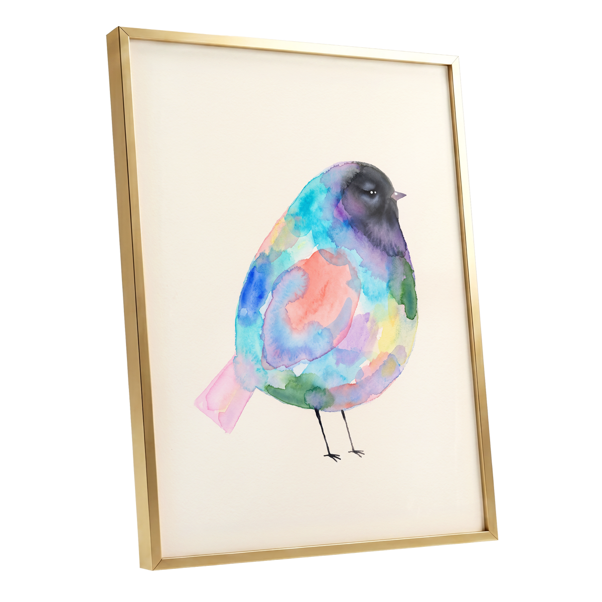 Prismatic Songbird, multicolor, black, green nature wall art shown as a gold framed poster wall art print