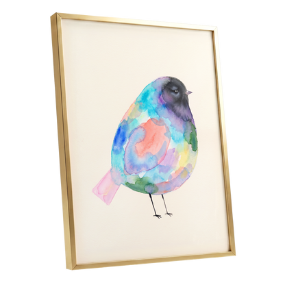 Prismatic Songbird, multicolor, black, green nature wall art shown as a gold framed poster wall art print