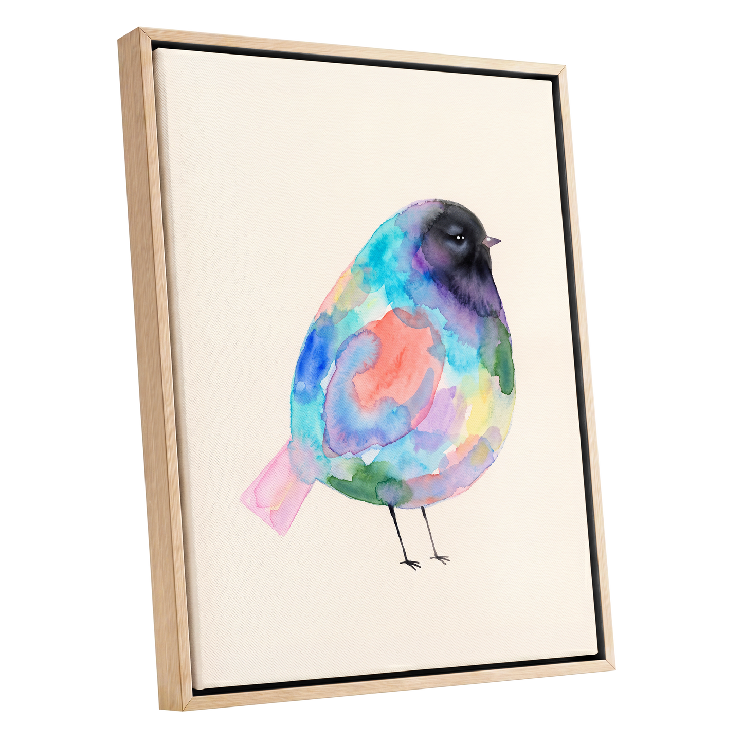 Prismatic Songbird, multicolor, black, green nature wall art shown as a oak framed canvas wall art