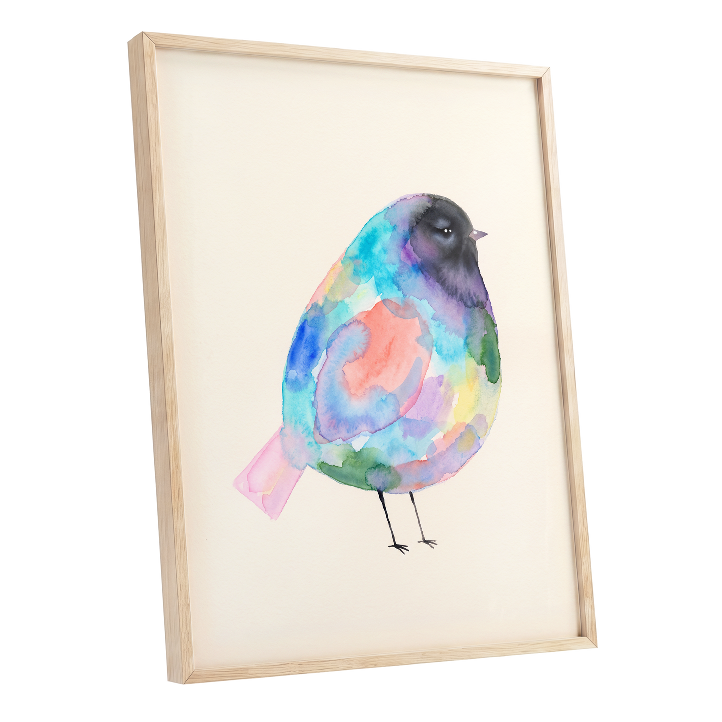 Prismatic Songbird, multicolor, black, green nature wall art shown as a oak framed poster wall art print