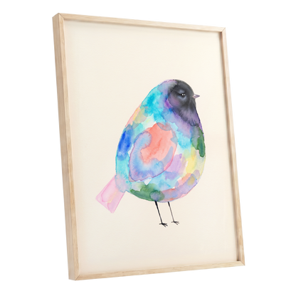 Prismatic Songbird, multicolor, black, green nature wall art shown as a oak framed poster wall art print