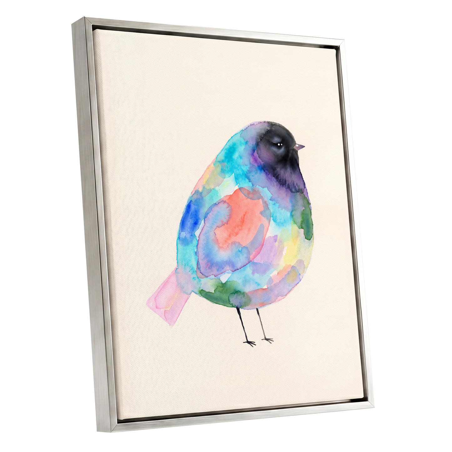Prismatic Songbird, multicolor, black, green nature wall art shown as a silver framed canvas wall art