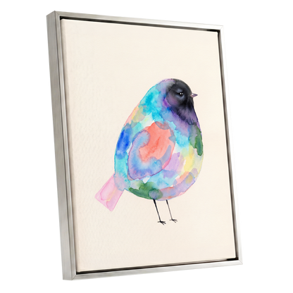 Prismatic Songbird, multicolor, black, green nature wall art shown as a silver framed canvas wall art