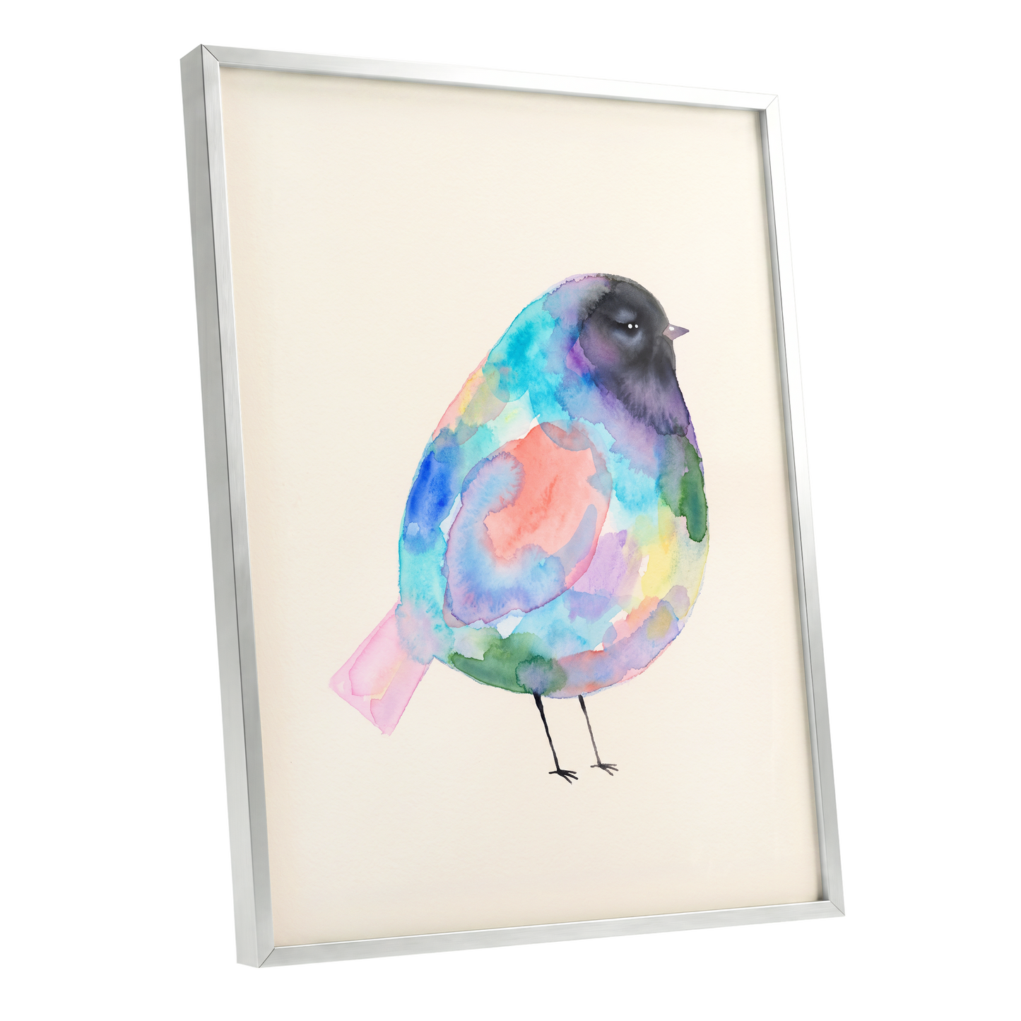 Prismatic Songbird, multicolor, black, green nature wall art shown as a silver framed poster wall art print