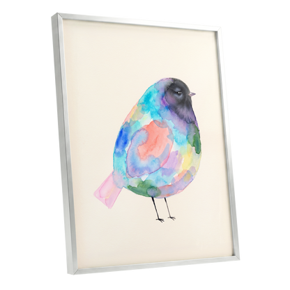 Prismatic Songbird, multicolor, black, green nature wall art shown as a silver framed poster wall art print