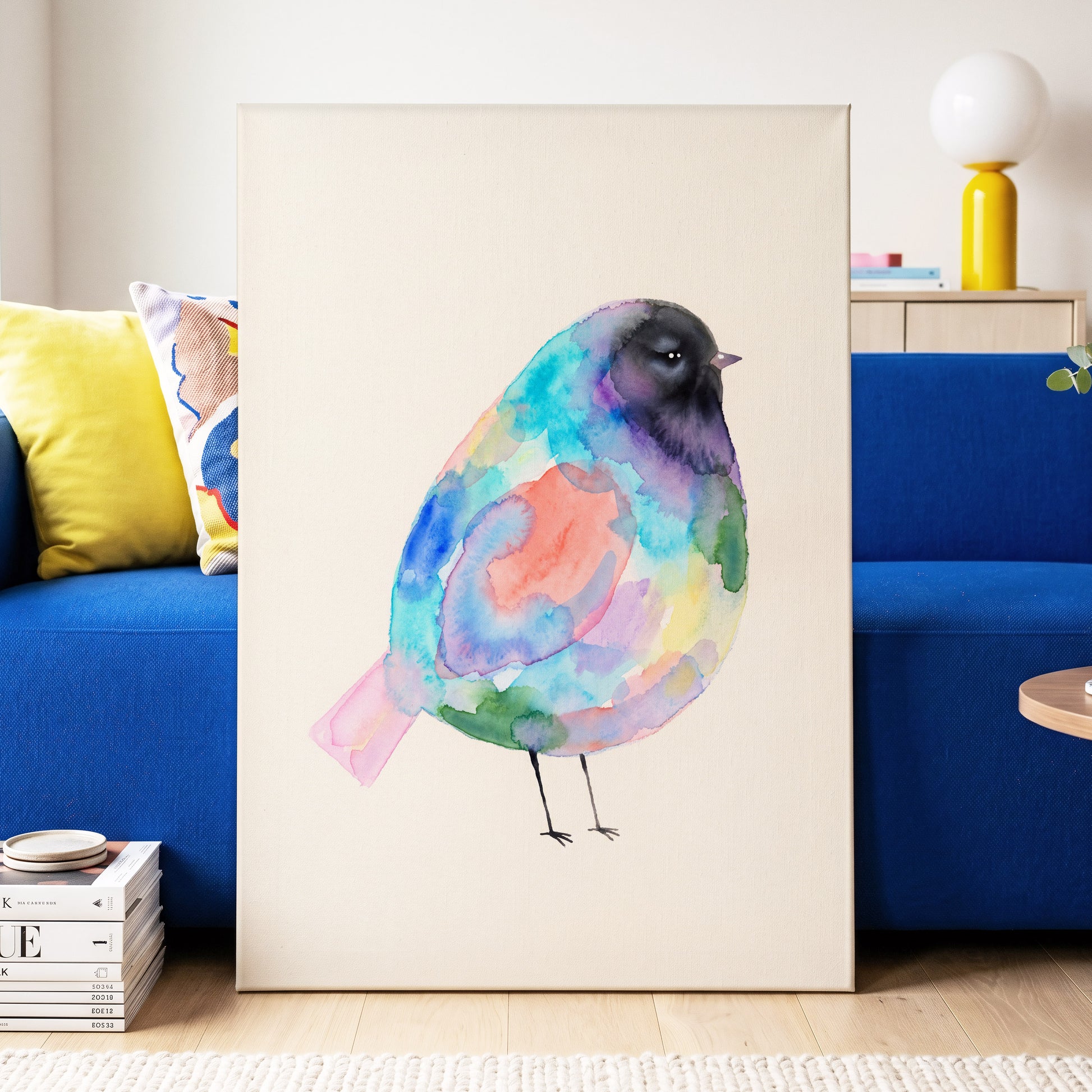 Prismatic Songbird, multicolor, black, green nature wall art displayed in a styled interior, gallery view 3