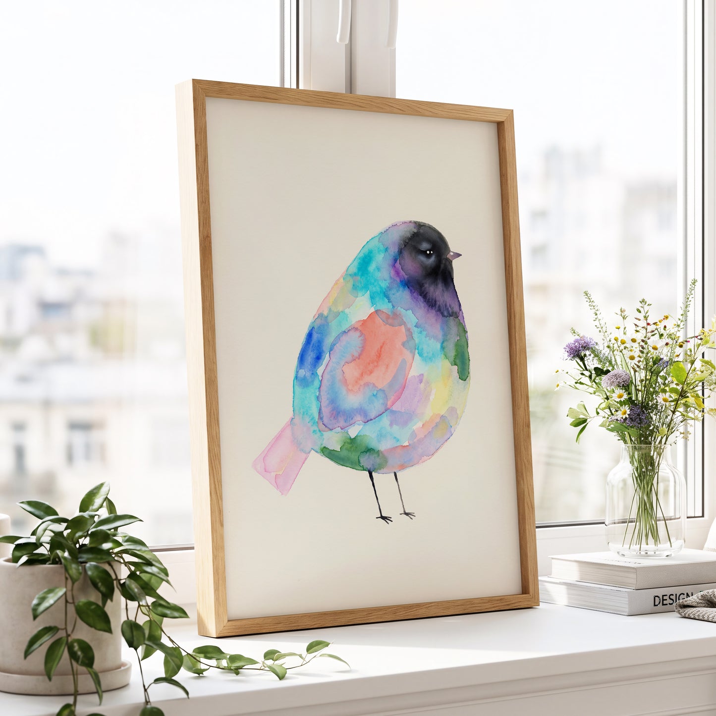 Prismatic Songbird, multicolor, black, green nature wall art displayed in a styled interior, gallery view 6